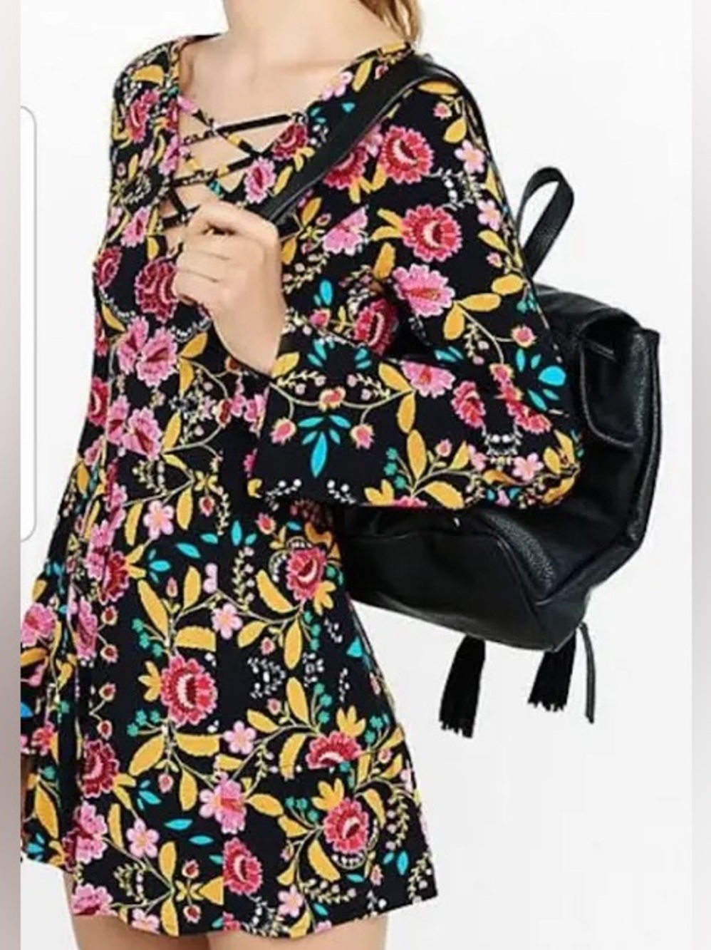 EXPRESS Floral Romper with Bell Sleeves and Crisscross Neckline
